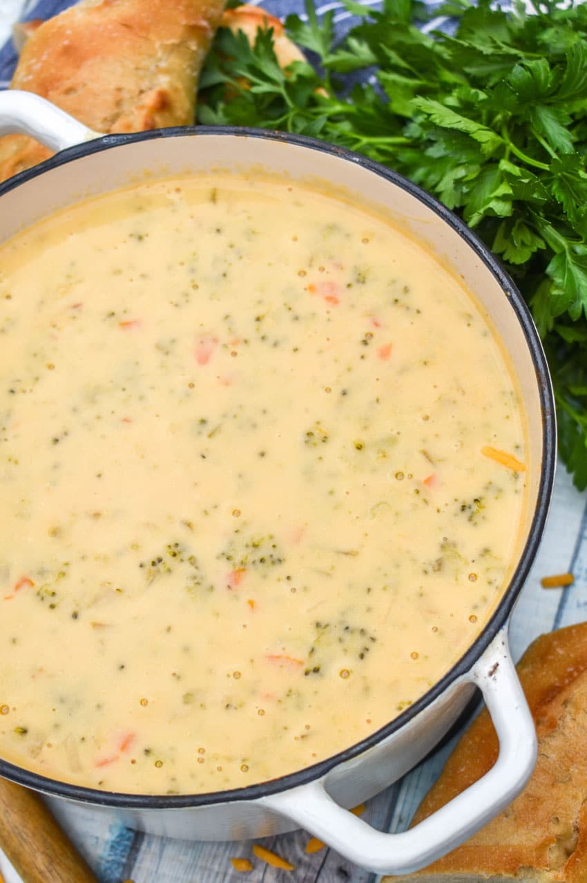 copycat panera broccoli cheddar soup in a large dutch oven