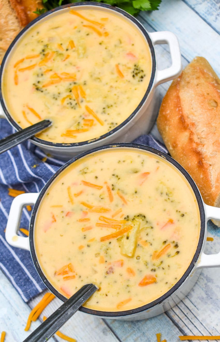 copycat panera broccoli cheddar soup in two small white pots