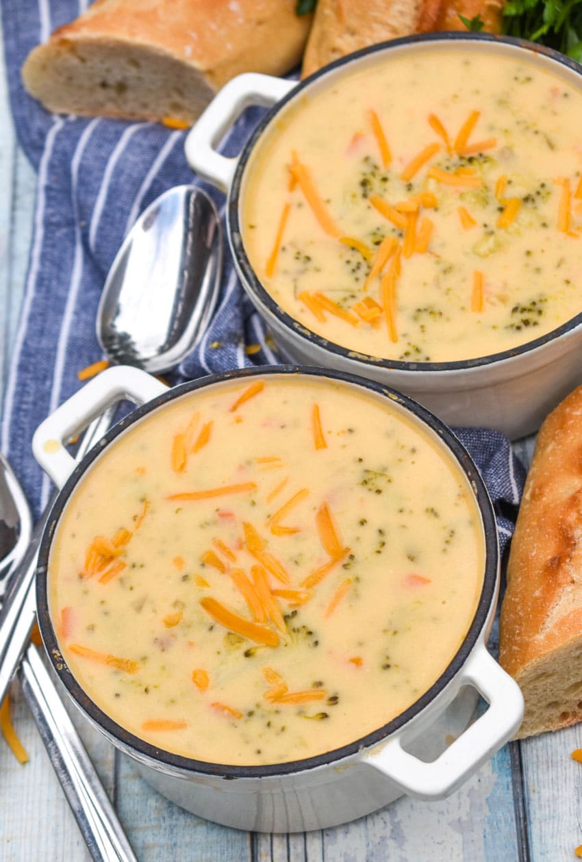 copycat panera broccoli cheddar soup in two small white pots