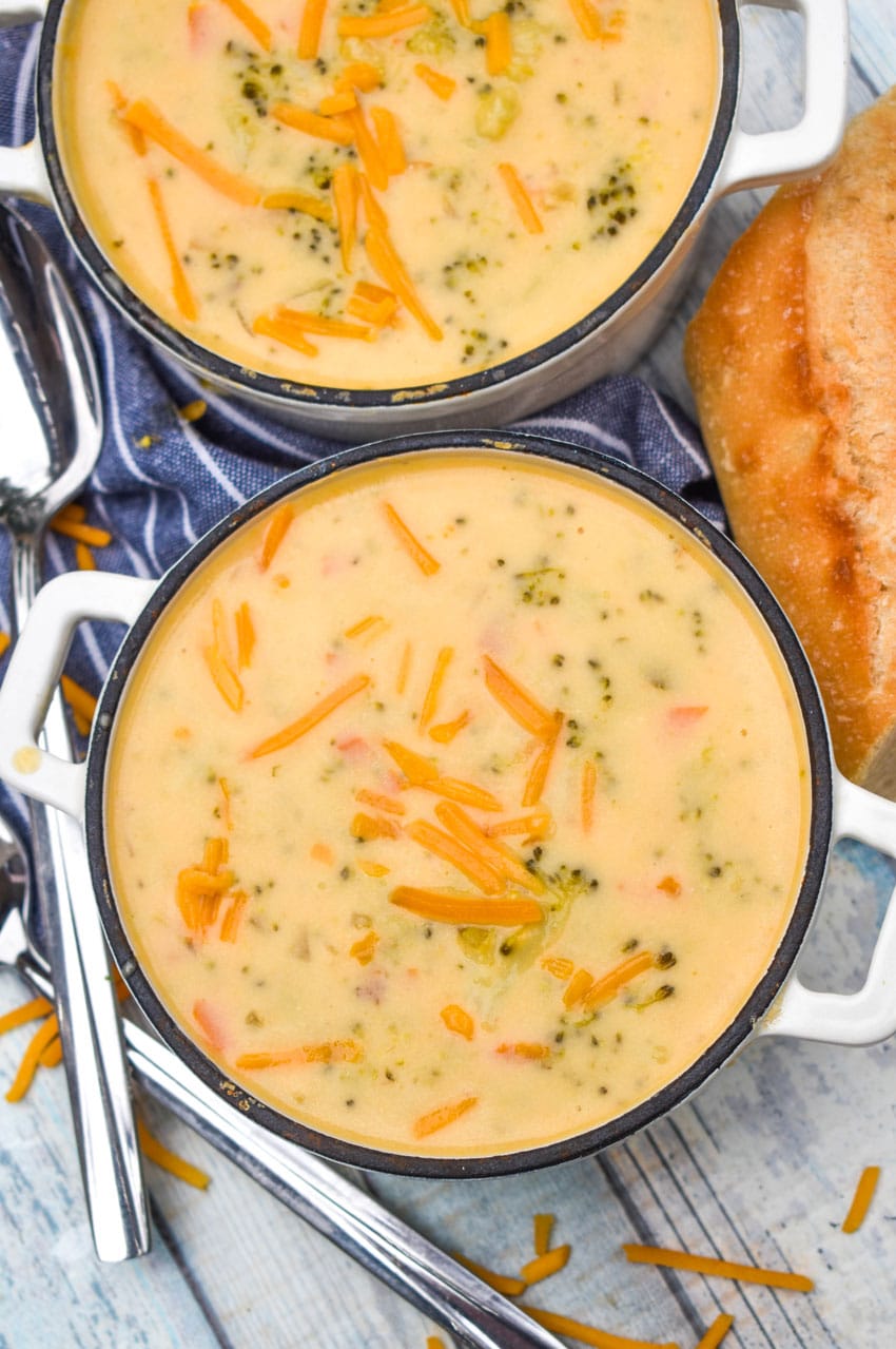 copycat panera broccoli cheddar soup in two small white pots