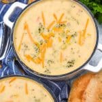 copycat panera broccoli cheddar soup in two small white pots