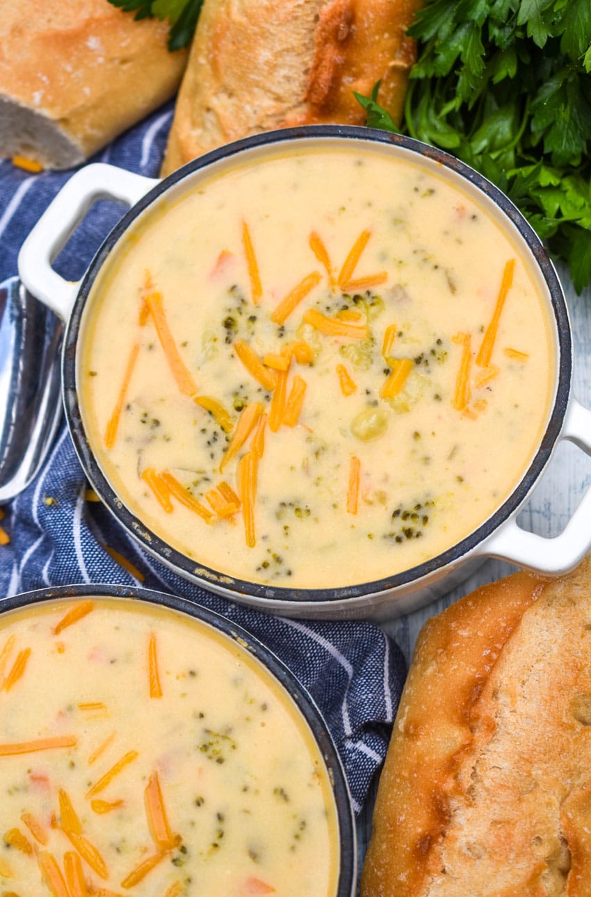 copycat panera broccoli cheddar soup in two small white pots