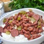 slow cooker red beans and rice in a white bowl