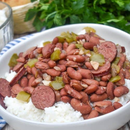slow cooker red beans and rice in a white bowl