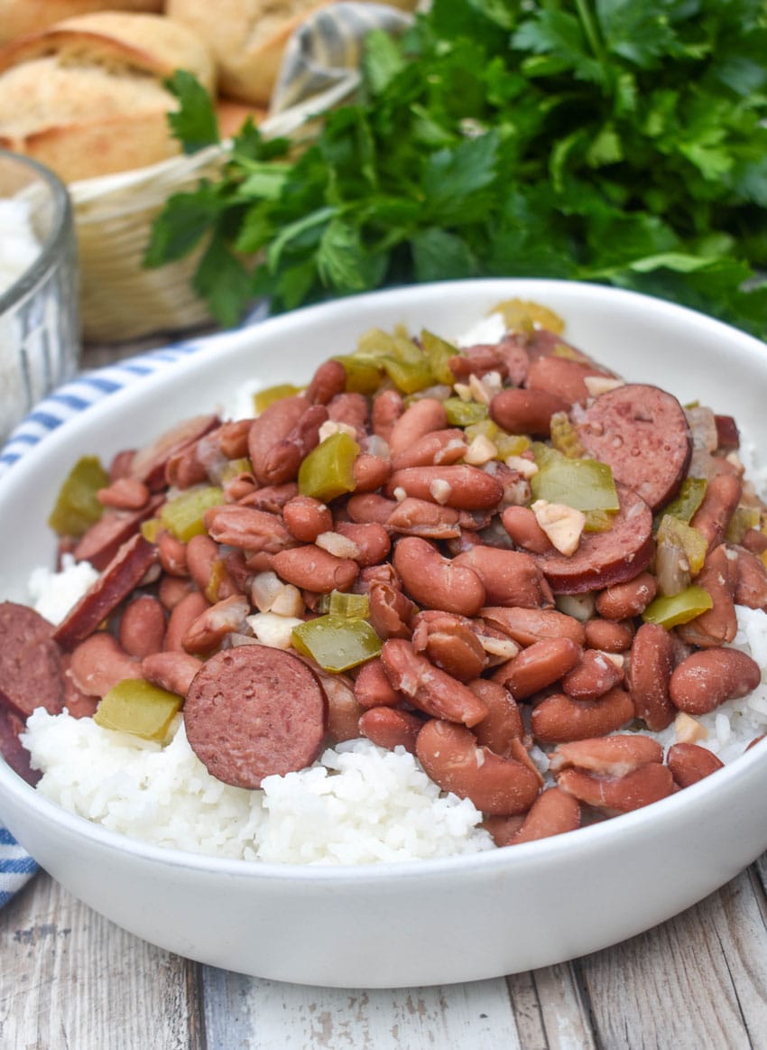slow cooker red beans and rice in a white bowl