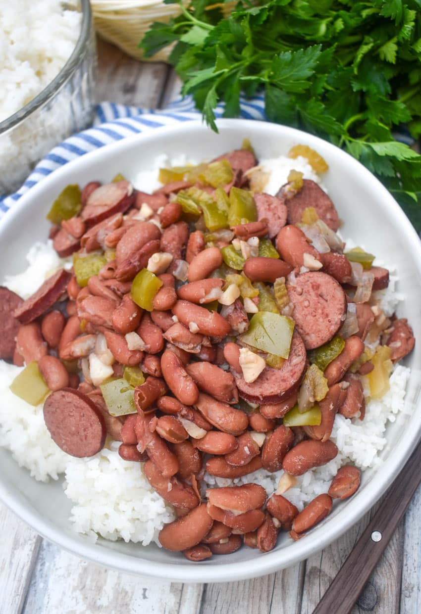 slow cooker red beans and rice in a white bowl