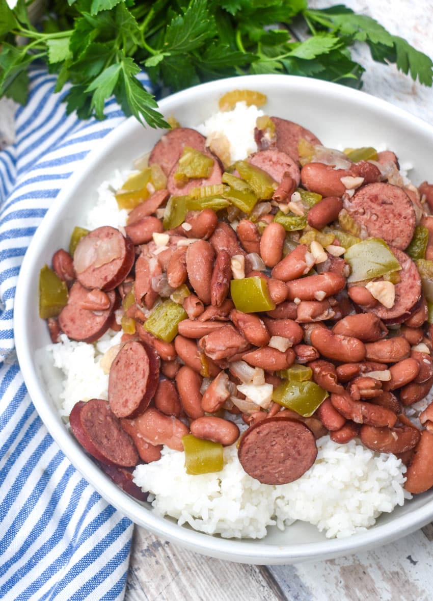 slow cooker red beans and rice in a white bowl