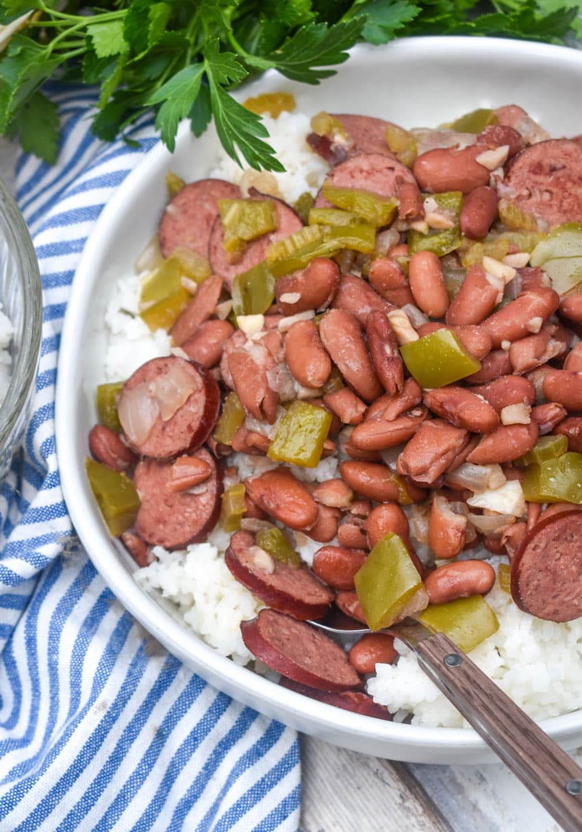 slow cooker red beans and rice in a white bowl