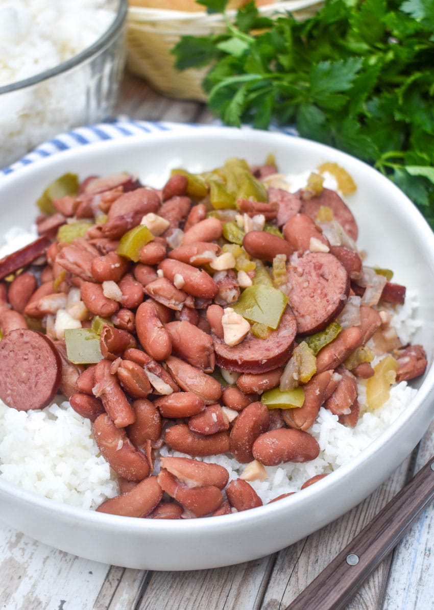 slow cooker red beans and rice in a white bowl