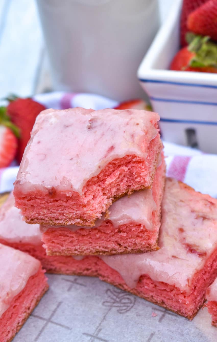 a stack of strawberry brownies