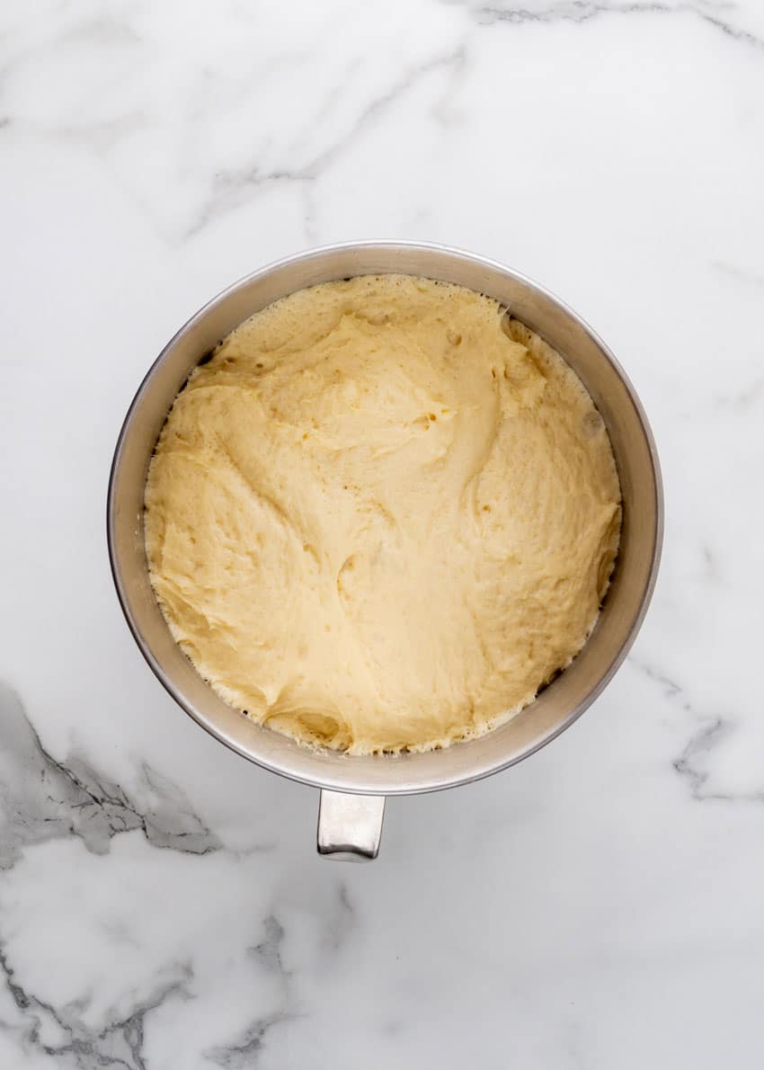 copycat texas roadhouse roll dough in a metal mixing bowl