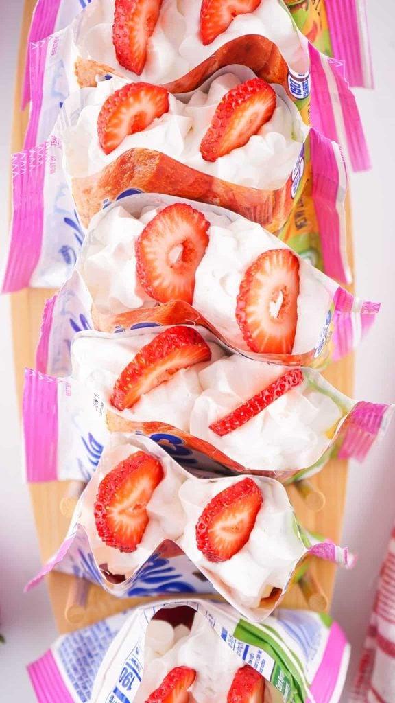 a row of strawberry shortcake walking tacos