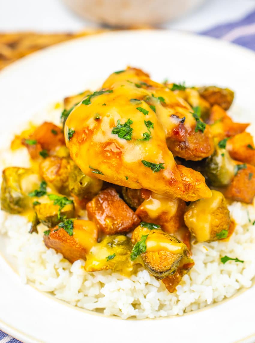 maple mustard chicken thighs and roasted vegetables over steamed rice on a white plate