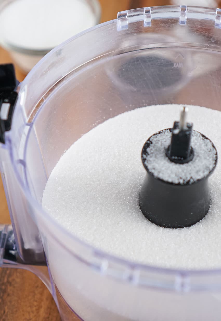 granulated white sugar in the bowl of a food processor