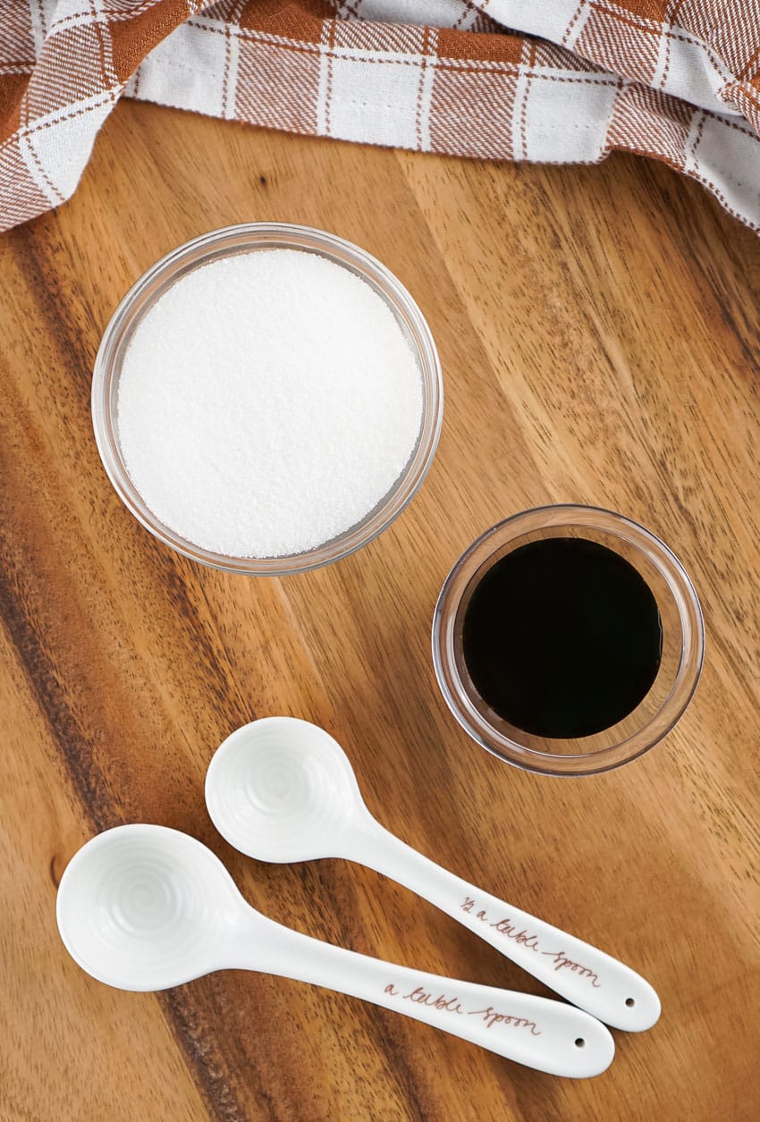 an overhead image showing the measured ingredients needed to make a batch of homemade brown sugar