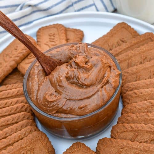 homemade creamy cookie butter in a small glass bowl surrounded by biscoff cookies