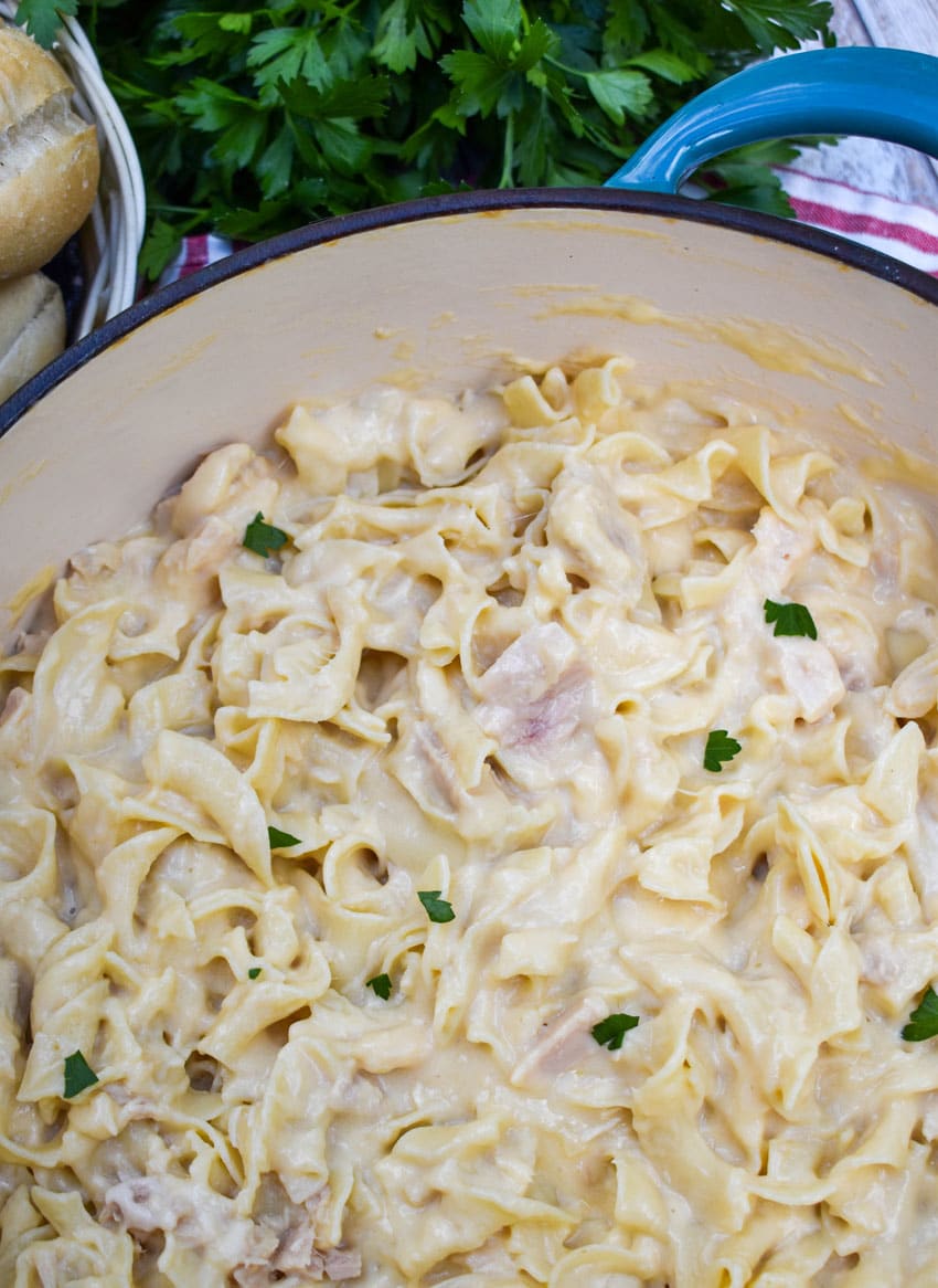 a homemade tuna helper recipe in a blue dutch oven