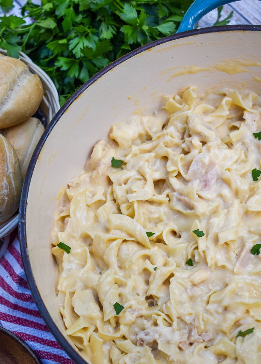 a homemade tuna helper recipe in a blue dutch oven