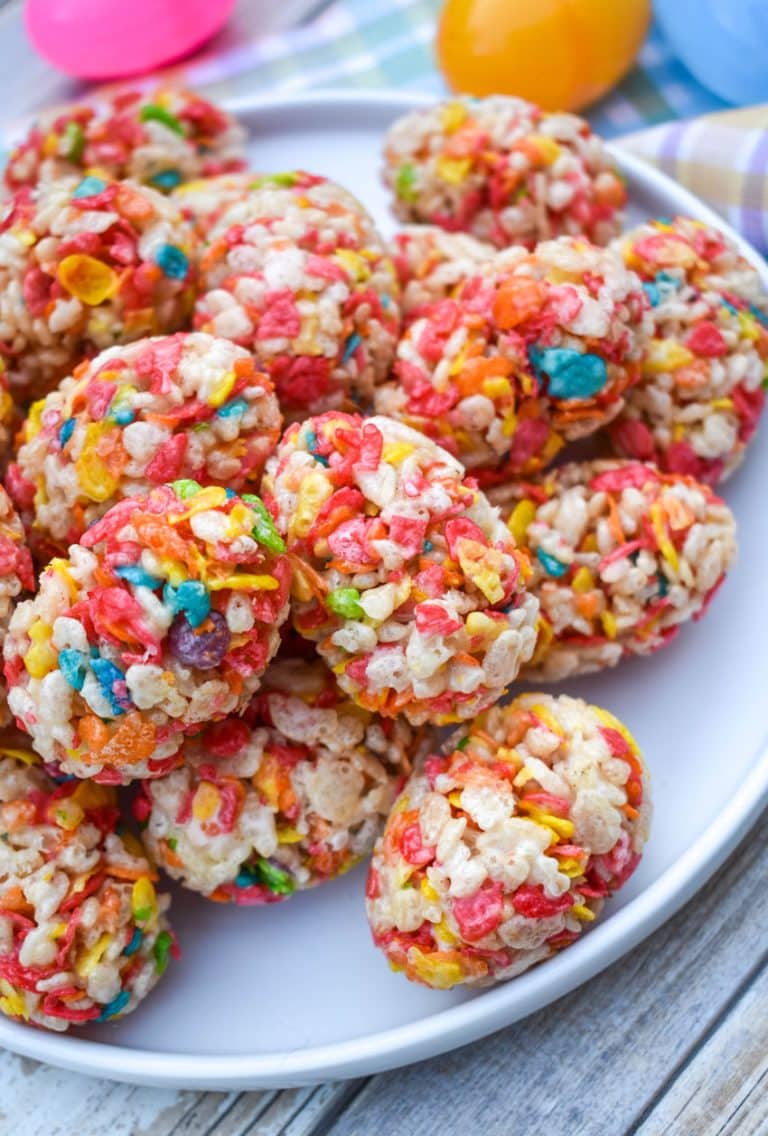 a pile of Rice Krispie Treats Easter Eggs on a white plate