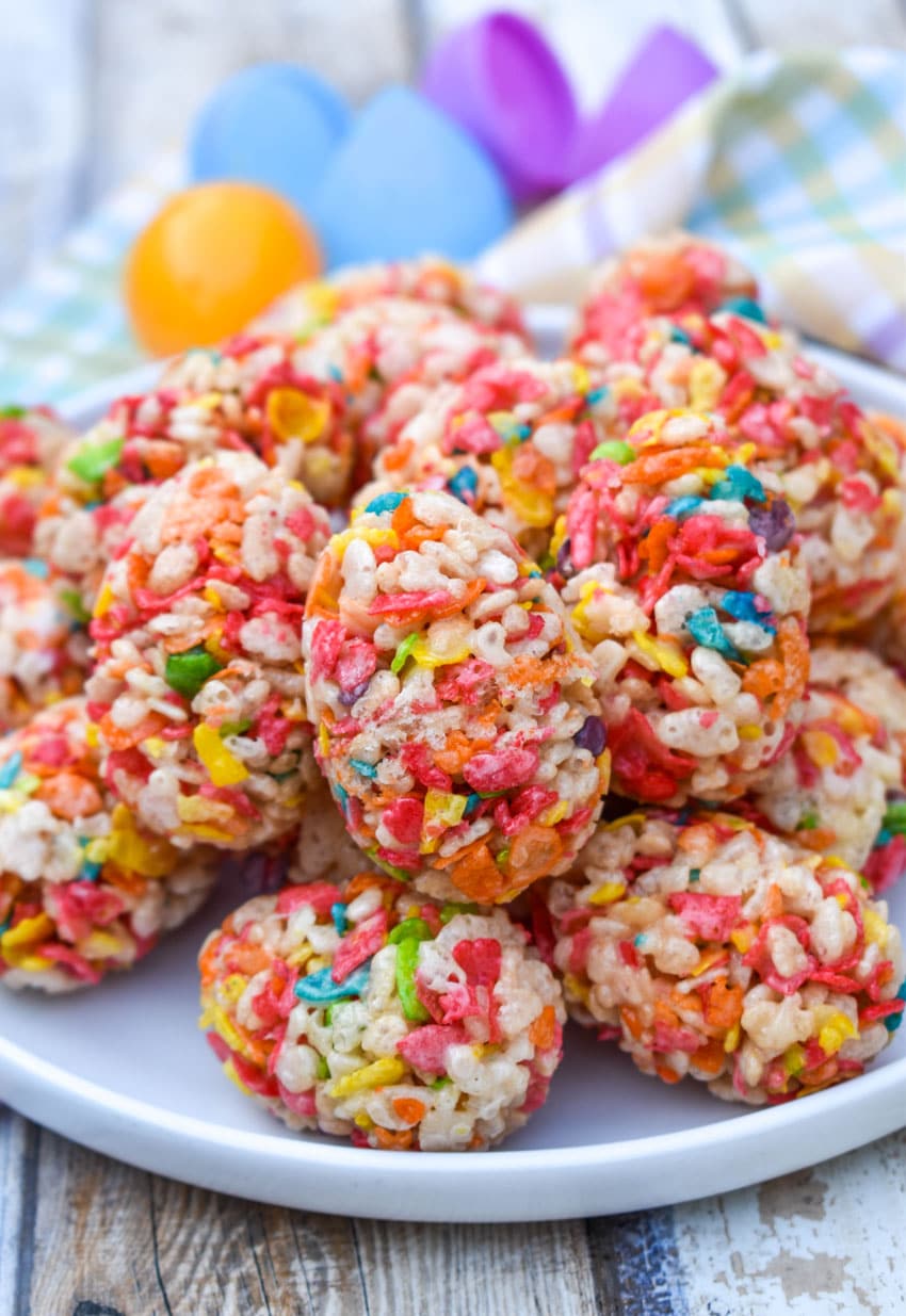 a pile of Rice Krispie Treats Easter Eggs on a white plate
