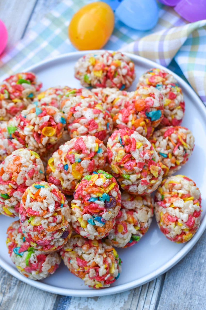 a pile of Rice Krispie Treats Easter Eggs on a white plate