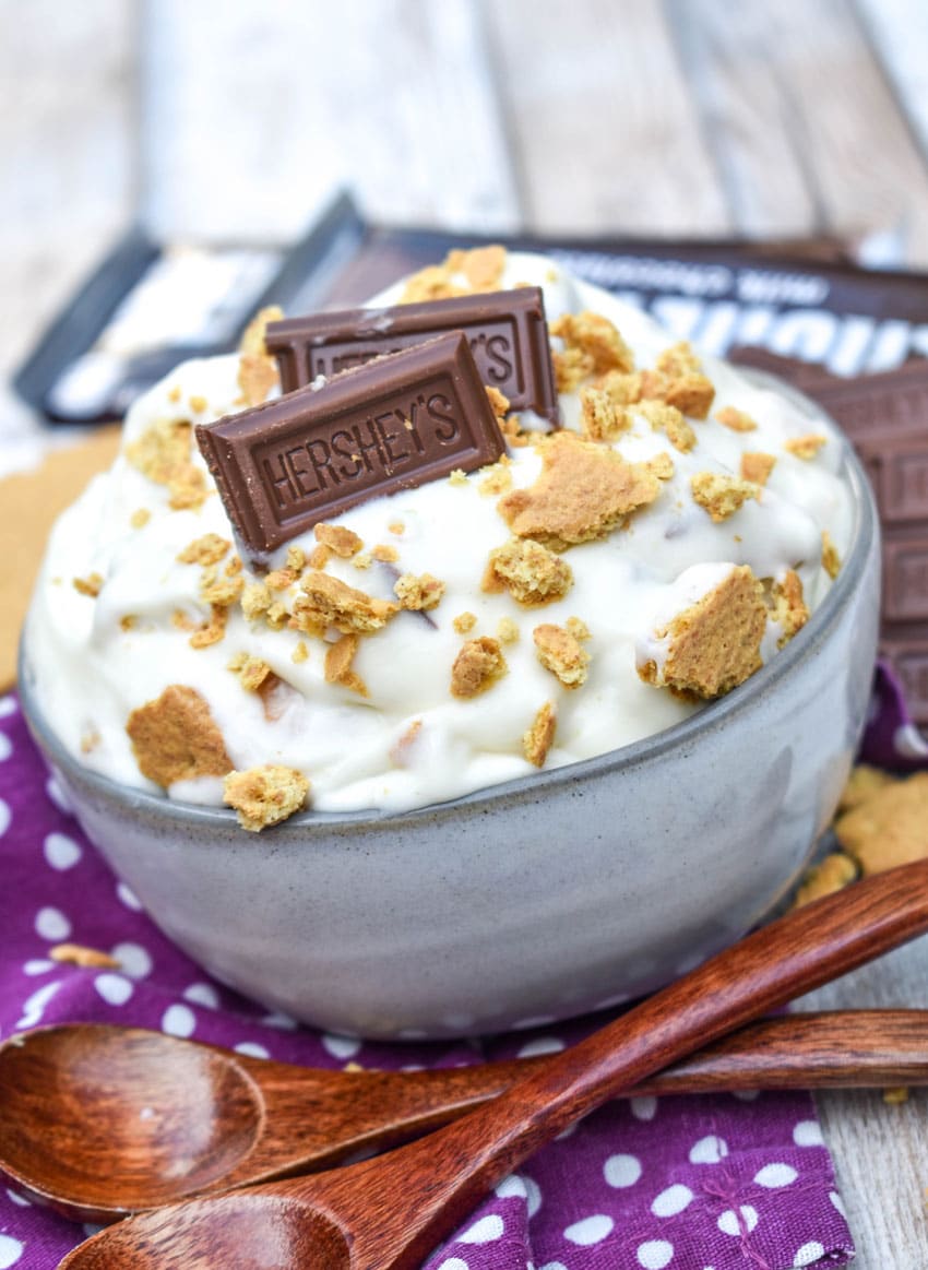 s'mores fluff salad in a small gray bowl