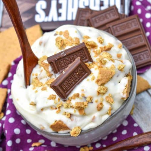 s'mores fluff salad in a small gray bowl
