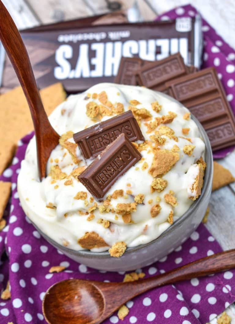 s'mores fluff salad in a small gray bowl