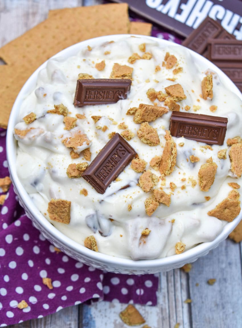 s'mores fluff salad in a white serving bowl