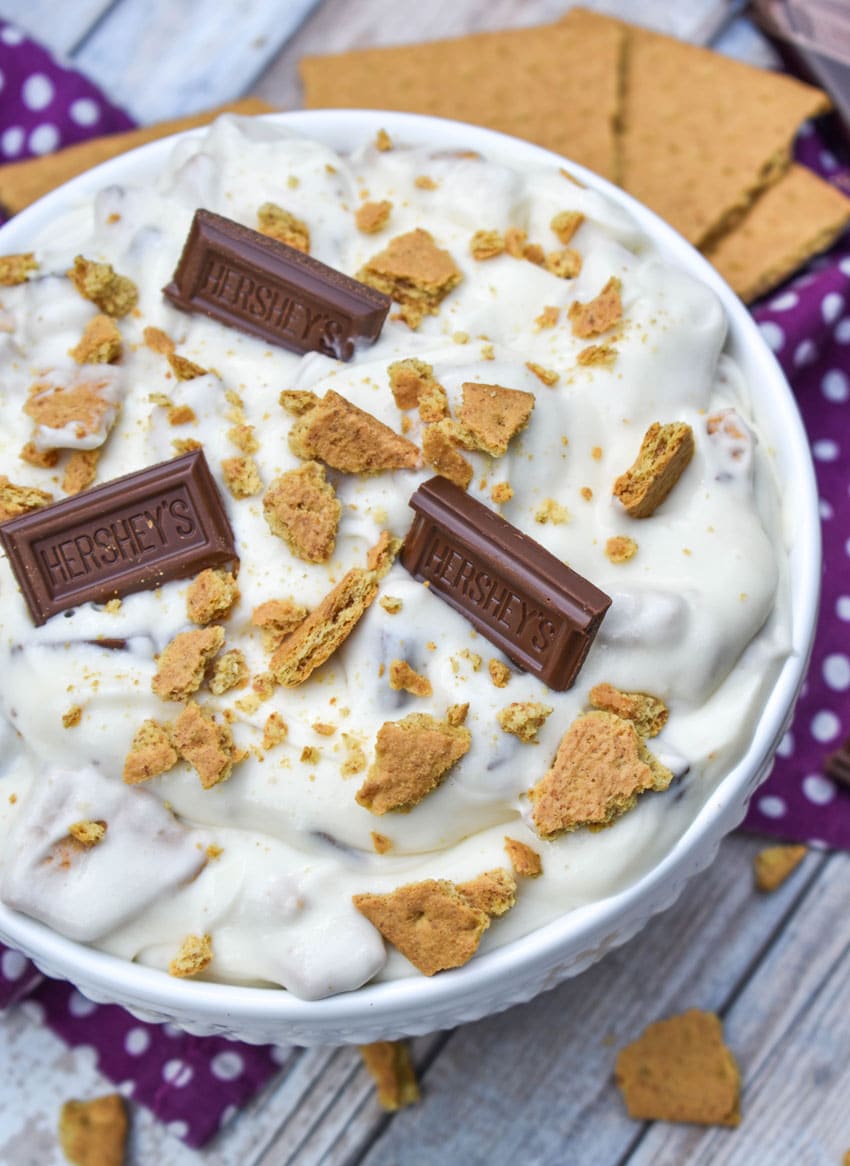 s'mores fluff salad in a white serving bowl