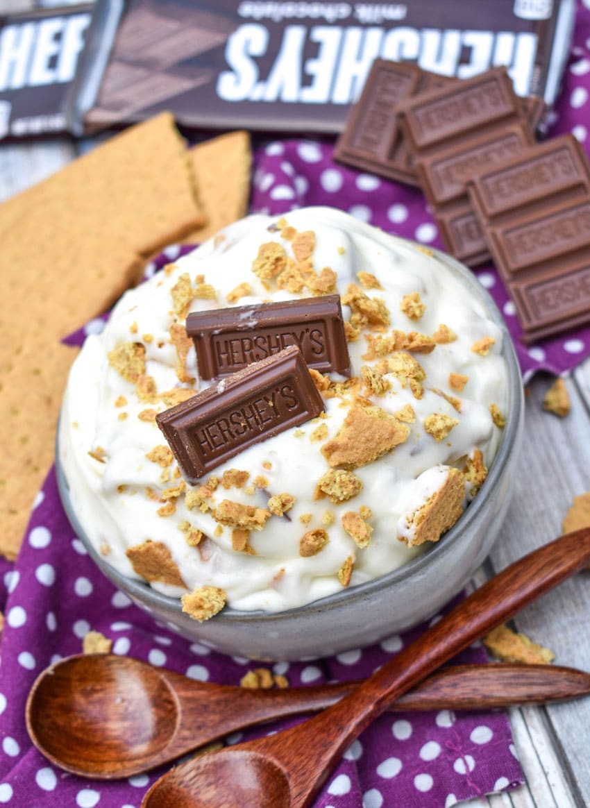 s'mores fluff salad in a small gray bowl