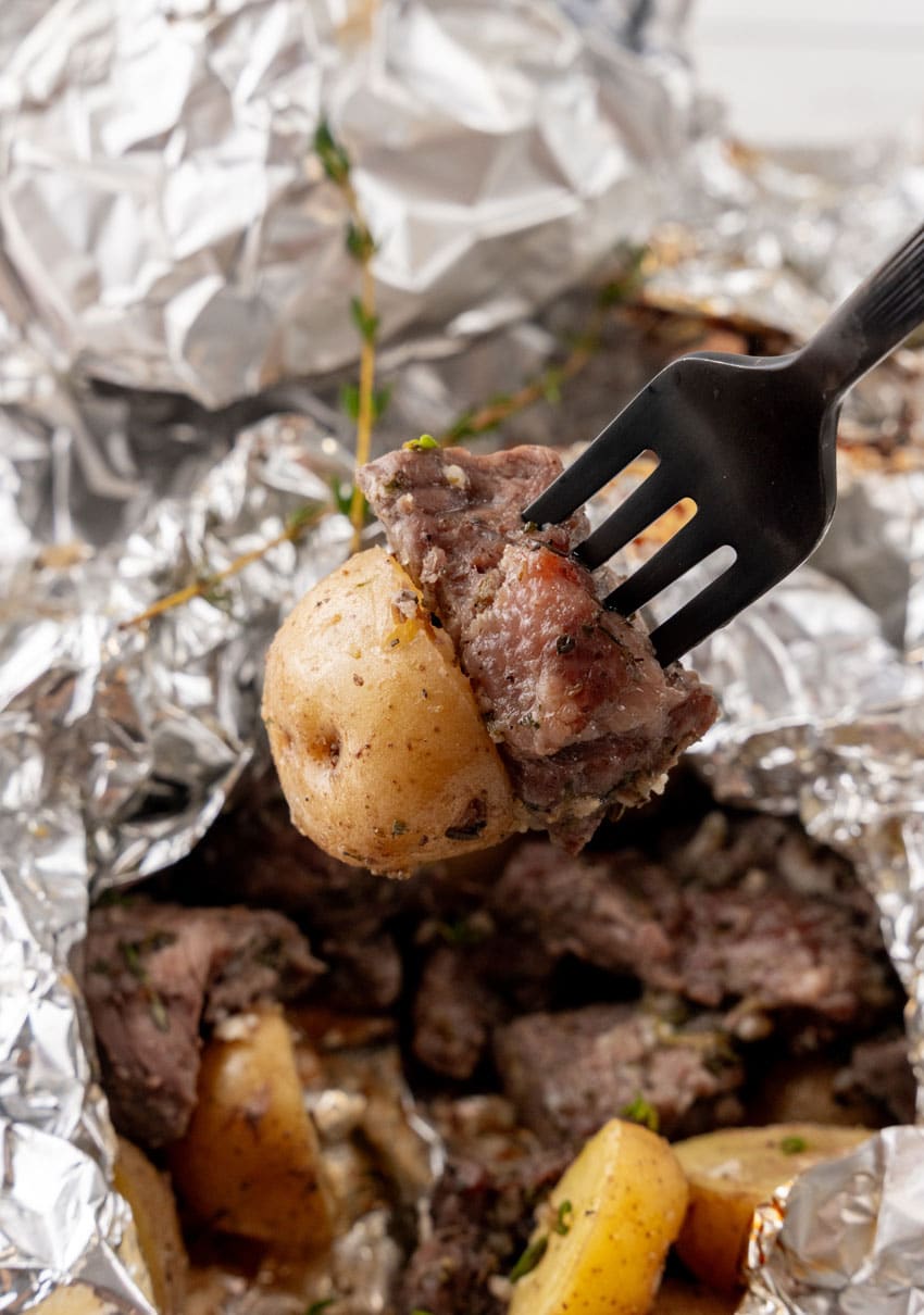 a black fork holding up pieces of grilled steak and potato