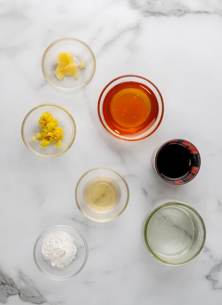 an overhead image showing the measured ingredients needed to make a batch of homemade teriyaki sauce