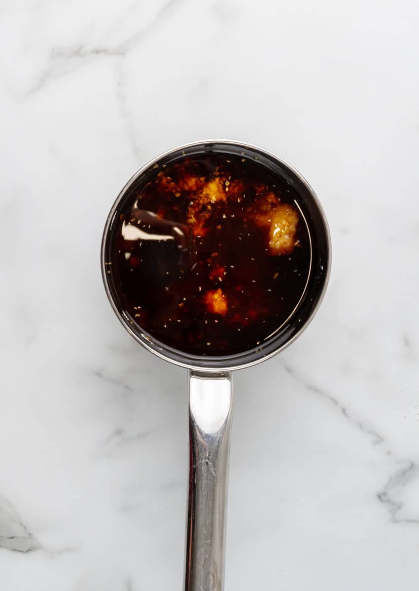 homemade teriyaki sauce in a small metal pot