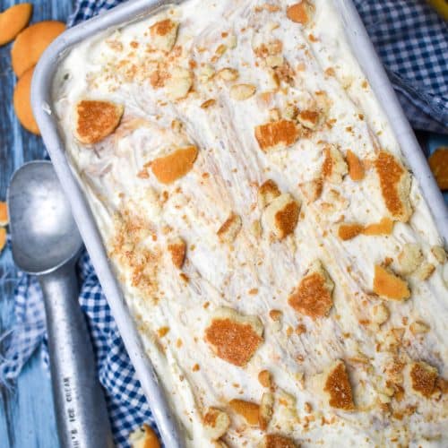 no churn banana pudding ice cream in a metal loaf pan