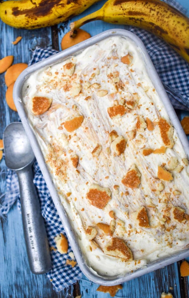 no churn banana pudding ice cream in a metal loaf pan