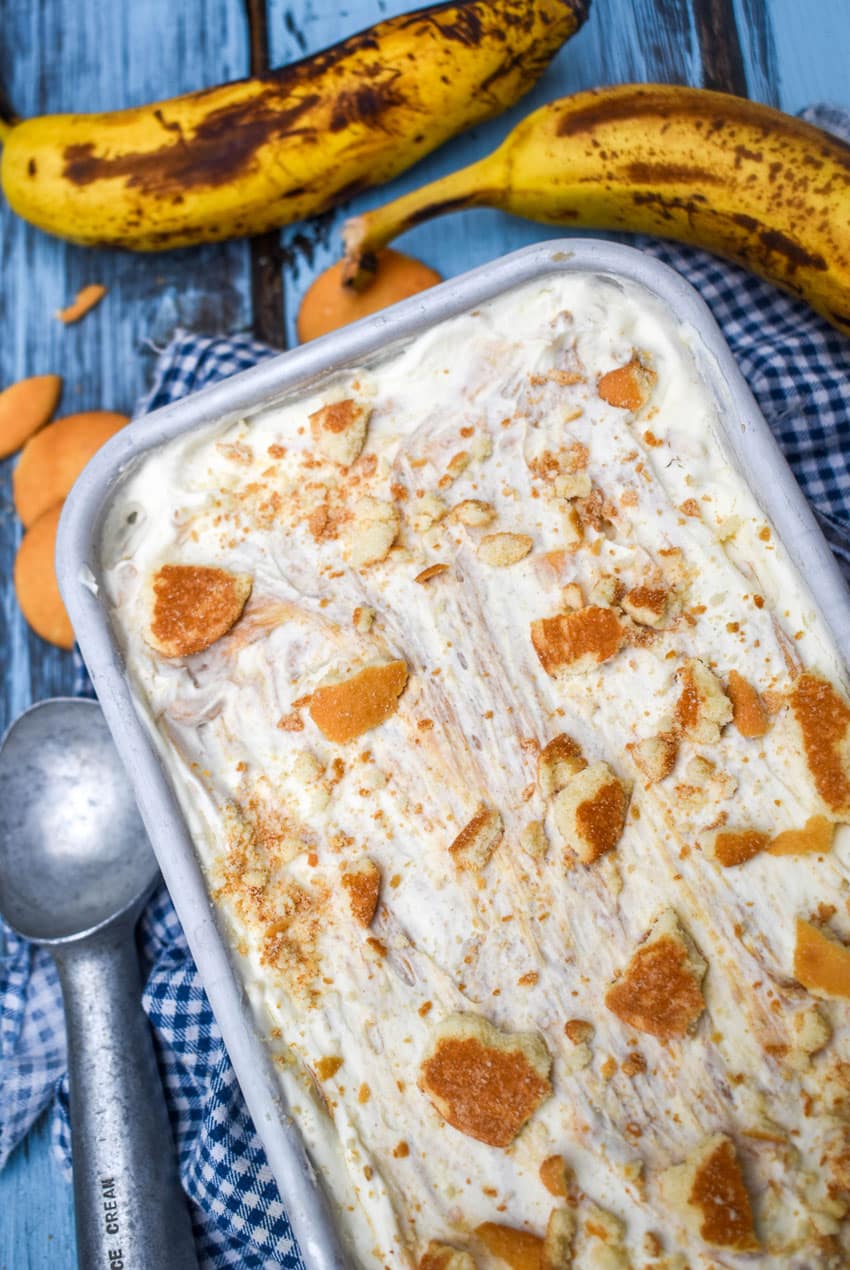 no churn banana pudding ice cream in a metal loaf pan