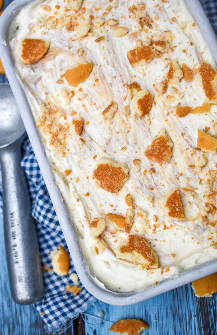 no churn banana pudding ice cream in a metal loaf pan