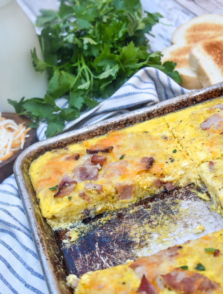 an overhead image of a sheet pan breakfast casserole