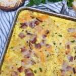 an overhead image of a sheet pan breakfast casserole