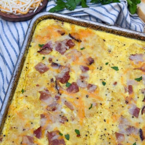 an overhead image of a sheet pan breakfast casserole