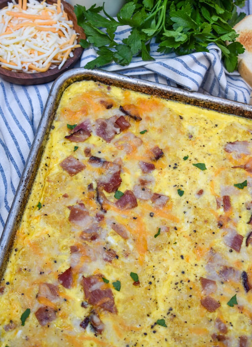 an overhead image of a sheet pan breakfast casserole