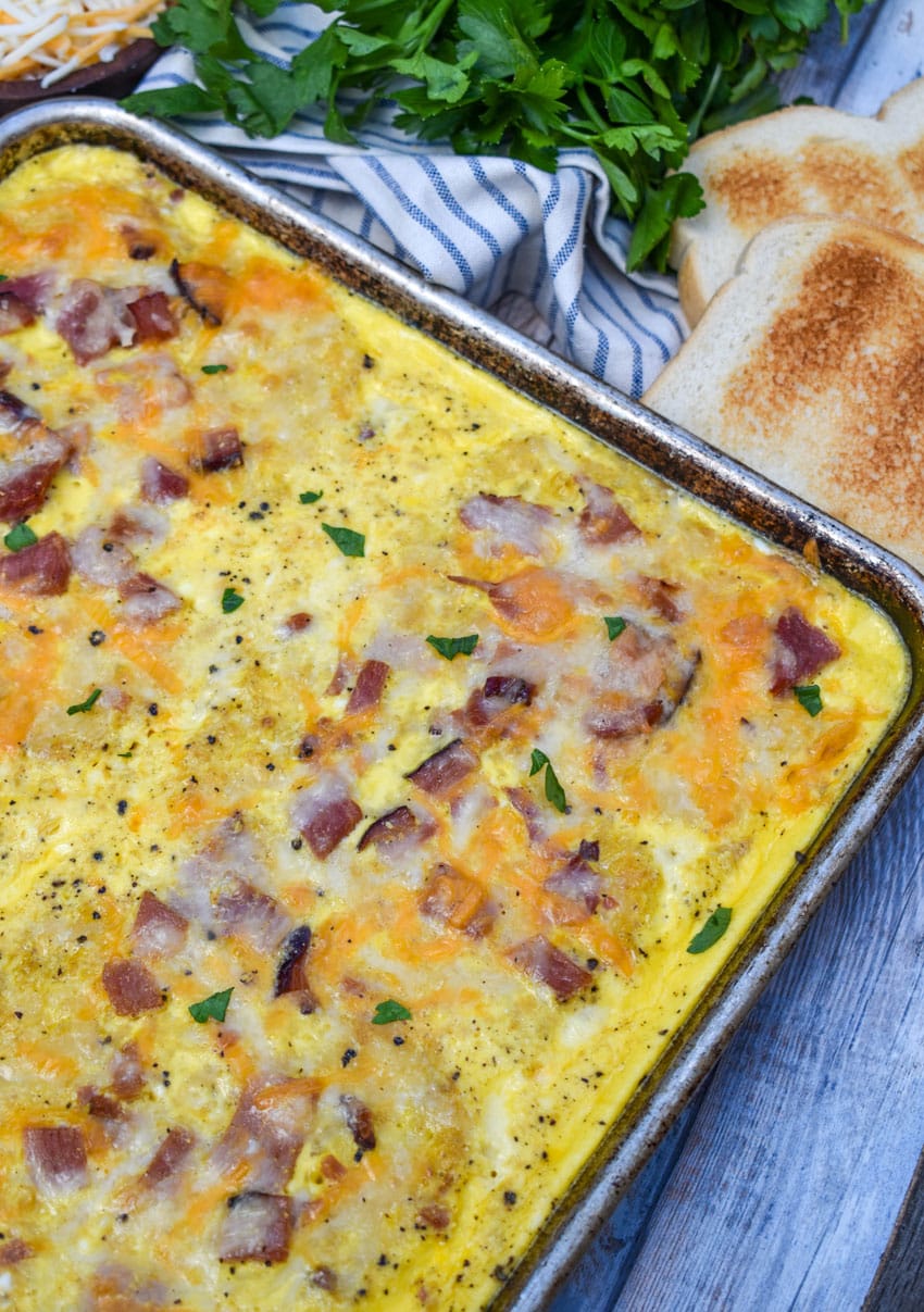 an overhead image of a sheet pan breakfast casserole