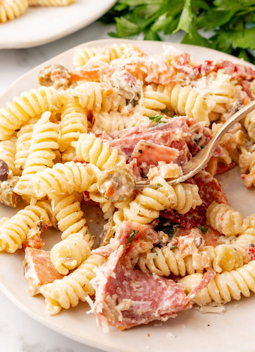 muffuletta pasta salad on a small white plate
