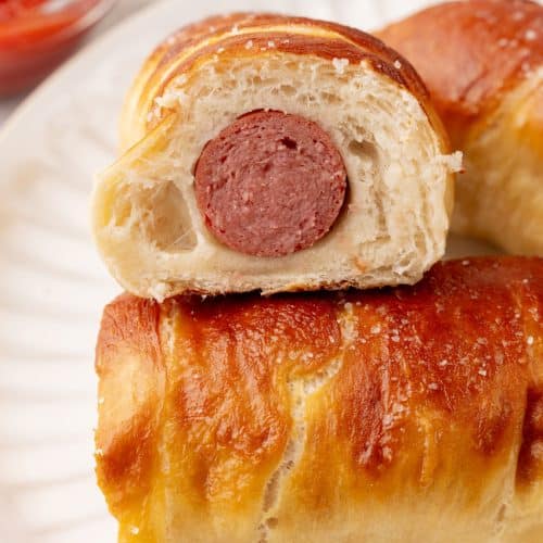 copycat Auntie Anne's pretzel dogs on a white plate