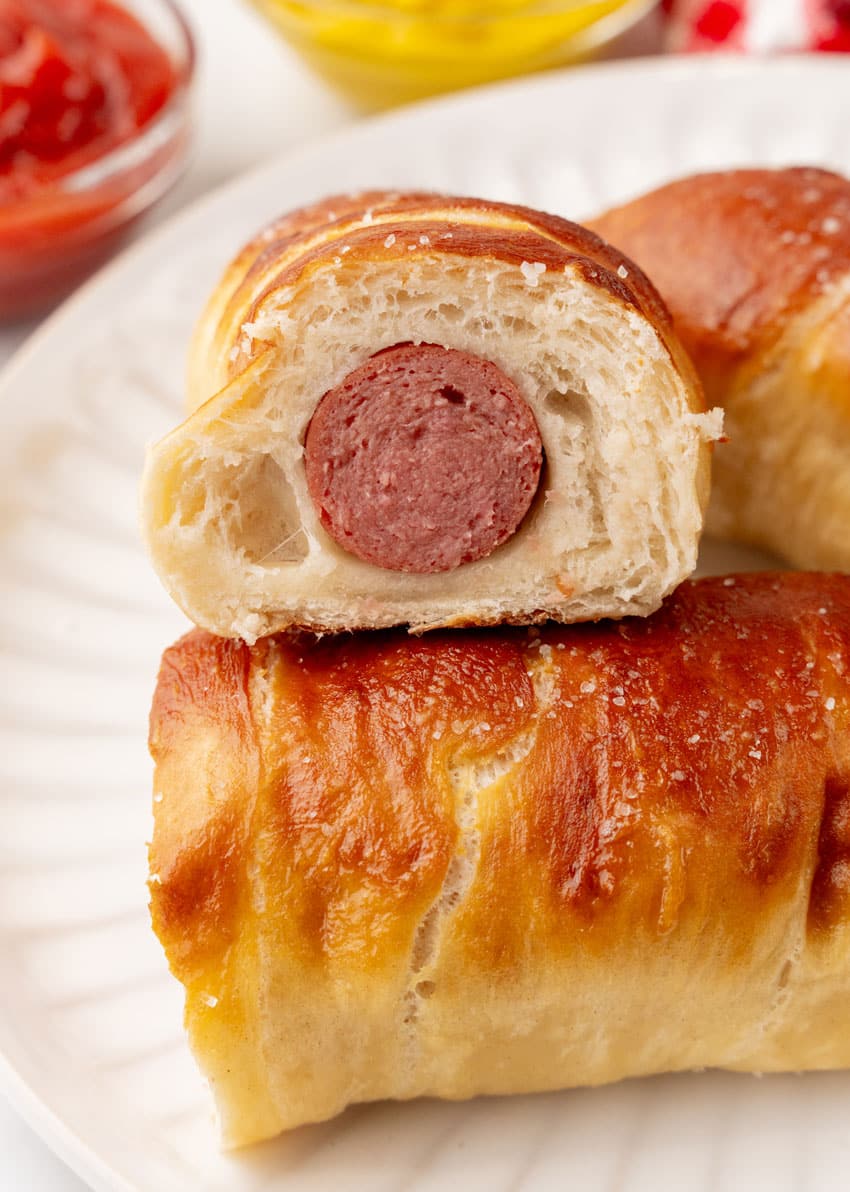 copycat Auntie Anne's pretzel dogs on a white plate