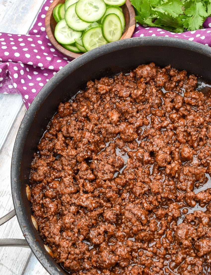 asian sloppy joe beef in a large black skillet