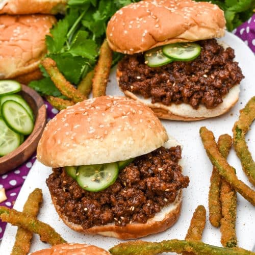 asian sloppy joes and green bean fries on a white serving platter