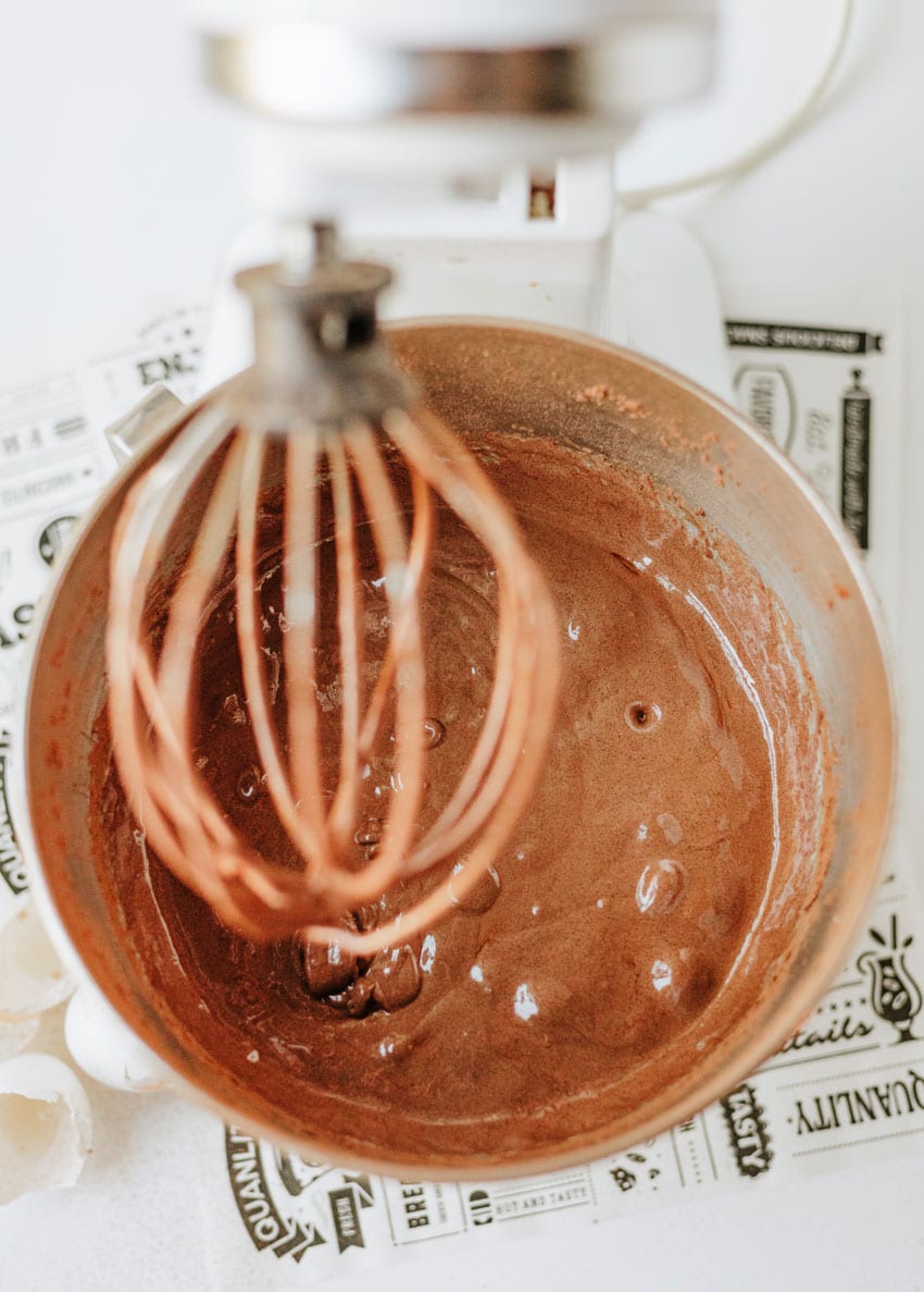 homemade brownie batter in a metal mixing bowl