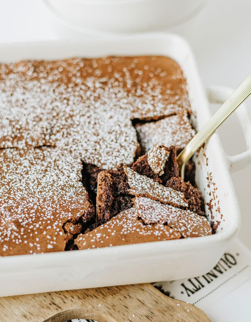 Ina Garten's viral baked brownie pudding in a white casserole dish